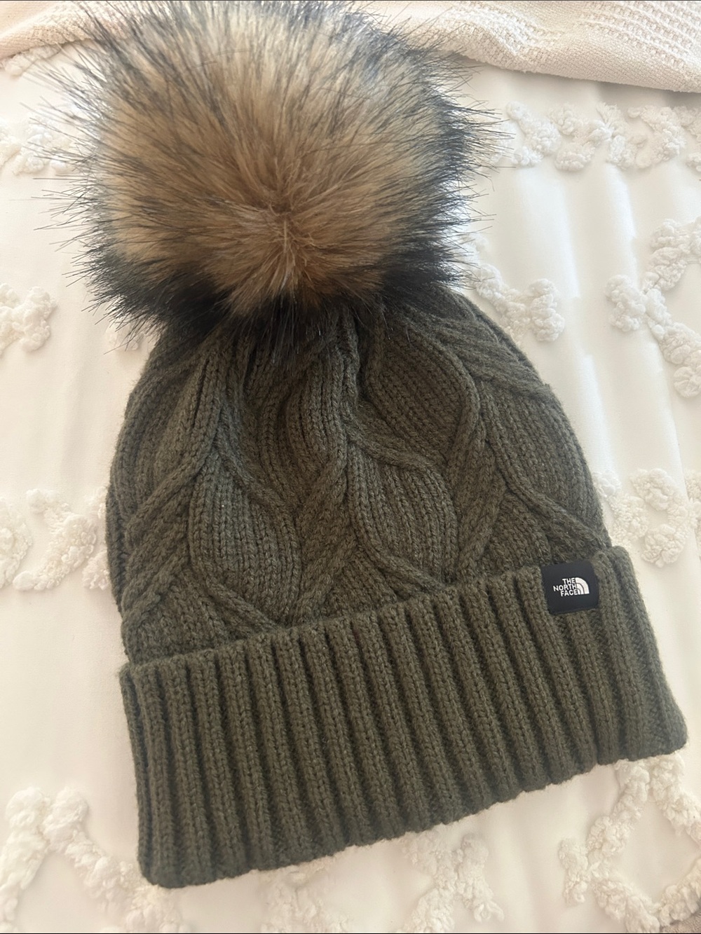The North Face Olive Green Cable Knit Pom Beanie